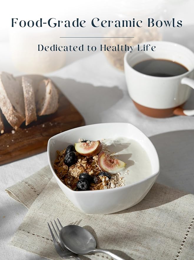 DOWAN Porcelain Soup Bowls Set of 6, 27 OZ Ceramic Square Cereal Bowls, White Bowl, for Ice Cream and Dessert Snack, Wedding Party Gift, Microwave Safe Bowl