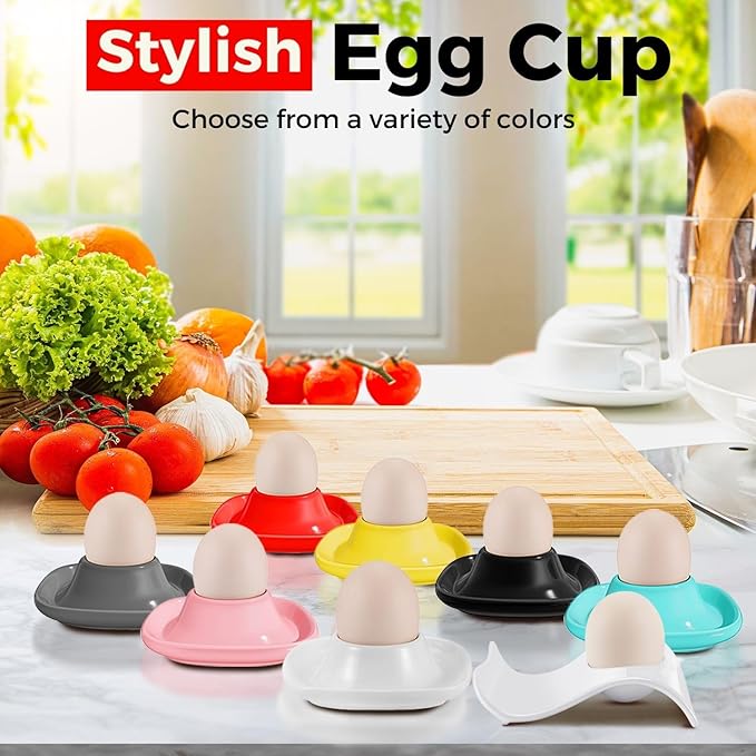 Flexzion Egg Cups for Soft Boiled Eggs - Set of 6 Ceramic Egg Holder - Stackable Egg Coddler Cups with Base for Serving, Breakfast, Brunch - Kitchen Table Decor, Red
