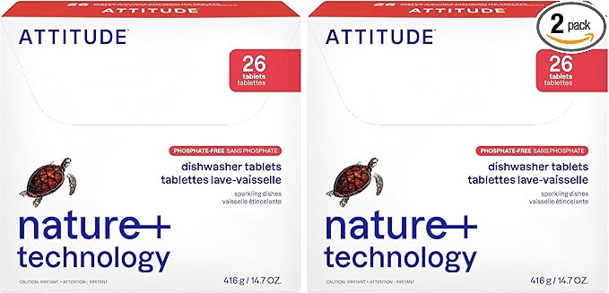 ATTITUDE Dishwasher Tablets, Water-soluble Plant- and Mineral-Based Effective Formula, Phosphate-free, Vegan and Cruelty-free, Unscented, 26 Count (Pack of 2)