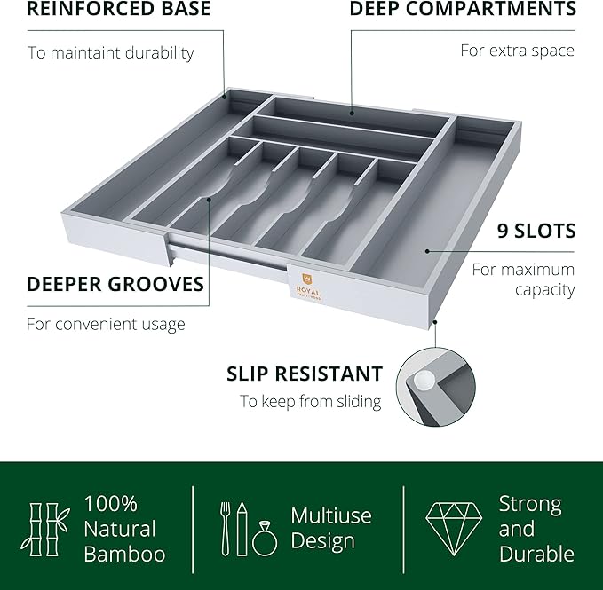 Luxury Bamboo Kitchen Drawer Organizer - Silverware Organizer - Utensil Holder and Cutlery Tray with Grooved Drawer Dividers for Flatware and Kitchen Utensils (9 Slot, Gray)