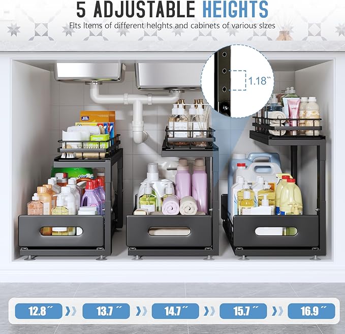 2 Pack 18 IN Depth Under Sink Organizer with Smooth Ball Bearing Slides,2-Tier Pull Out Cabinet Storage,Slide Out Drawers for Bathroom&Kitchen,Rust-resistant Coating,Height Adjustable-Black