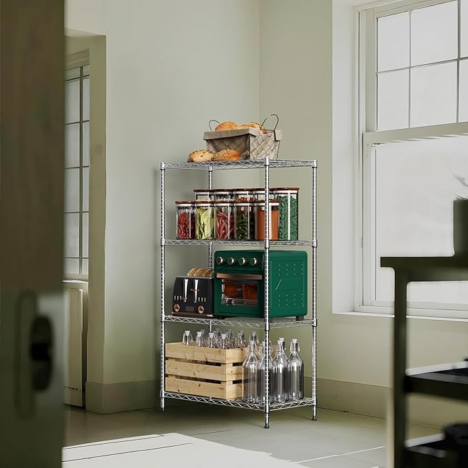 1000 lbs 4Tier Shelf Metal Storage Shelves Wire Rack Closet Organizers with Wheel for Garage Kitchen Bathroom Laundry Chrome 13.7" D x 29.5" W x 47.2" H