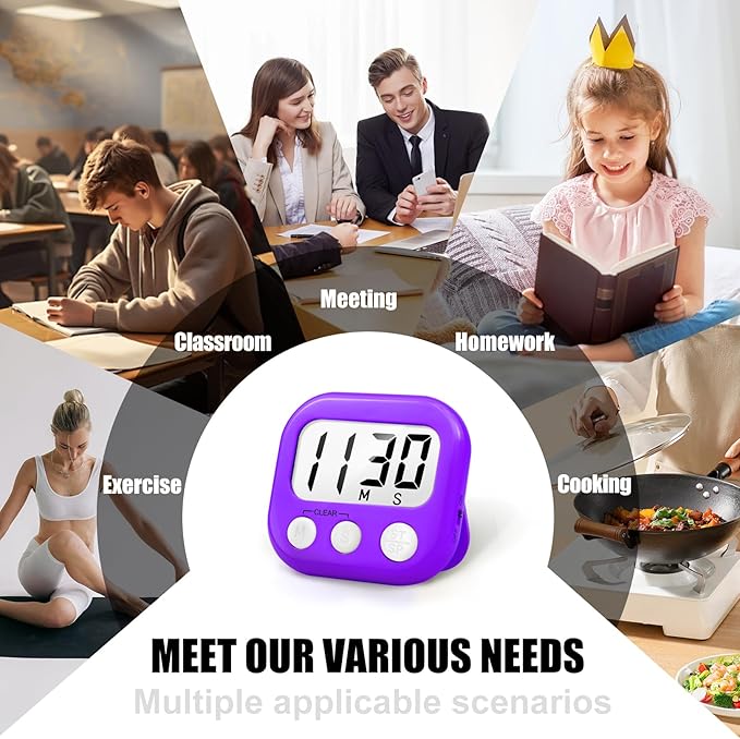 2 Pack Digital Kitchen Timer for Cooking Big Digits Loud Alarm Magnetic Backing Stand Cooking Timers for Baking Purple