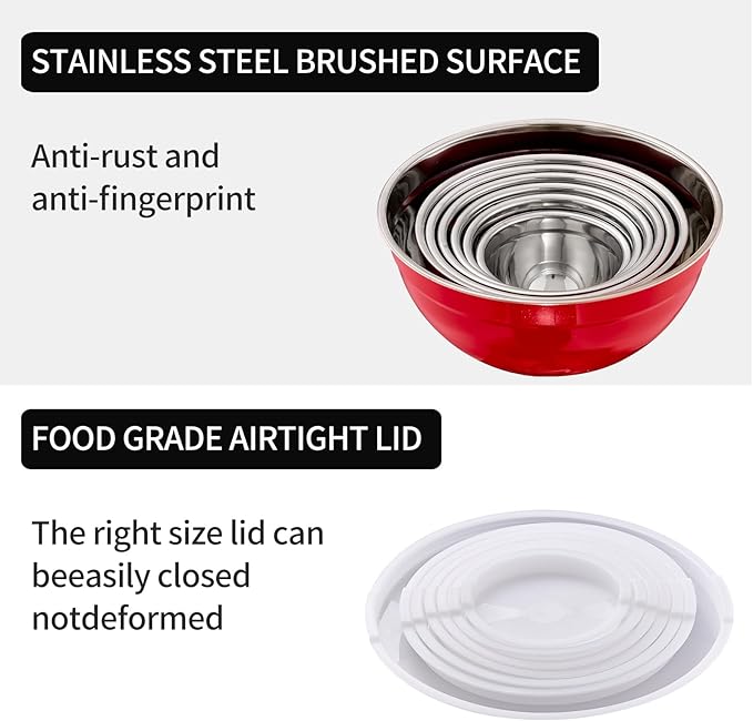 Red Mixing Bowls with Lids Set of 7, Stainless Steel Nesting Bowl with Khaki Lid for Non-slip Mixing Prepping Storing Serving, 7 Sizes-7/3.6/2.7/2.1/1.5/1/0.8 QT