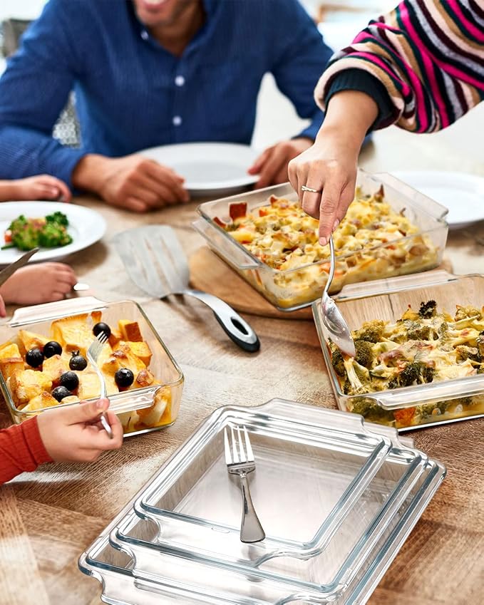 NUTRIUPS 8.5in x 8.5in Square Baking Dish Pans Glass Bakeware Glass Microwave Casserole Dish with Lid and Handles Microwave, Dishwasher, and Oven Safe Cookware