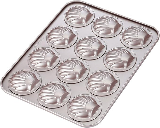 CHEFMADE Madeleine Mold Cake Pan, 12-Cavity Non-Stick Scallop Madeline Bakeware for Oven Baking (Champagne Gold)