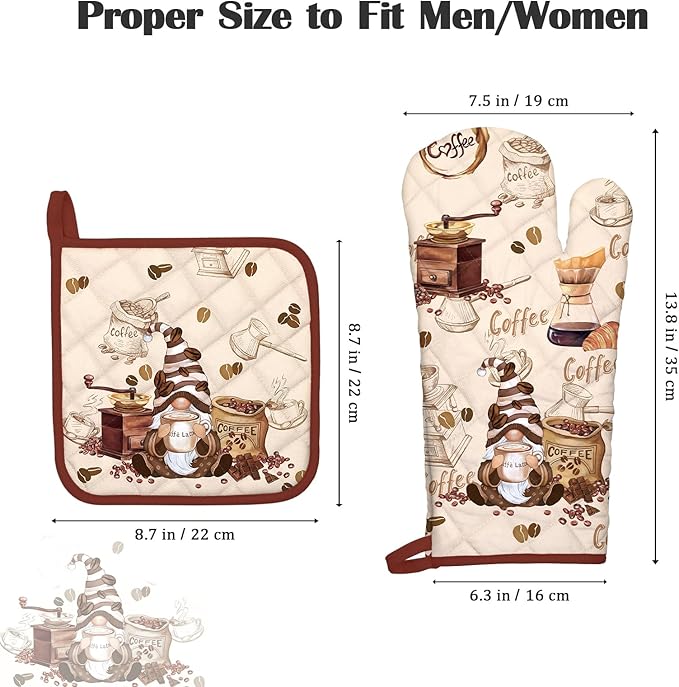 Coffee Gnome Oven Mitts and Pot Holders Sets 4Pcs, 100% Cotton Heat Resistant, Extra Long Oven Gloves Potholder for Kitchen Cooking Baking Decoration