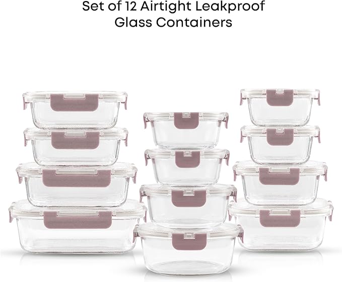 JoyJolt 24pc Borosilicate Glass Storage Containers with Lids | 12 Airtight/Freezer Safe Food Storage Containers for Pantry and Kitchen | Meal Prep Container for Lunch | Glass meal Set