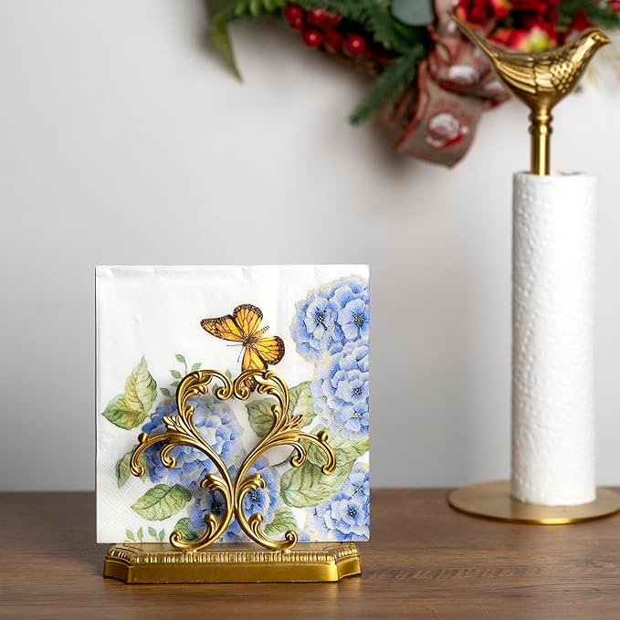 1 Gold Napkin Holder and 50 PCS Hydrangea Paper Napkins,Brass Napkin Holder,Classic combination and matching,Modern Dining Table Decor, Home Decor