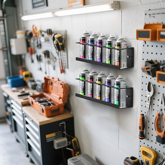 Wall-Mounted Spray Can Holder Rack Organize, 4 Pack Black Steel Aerosol Can Holder with Straw Groove, Spray Can Organizer, Aerosol Can Rack, Spray Paint Can Holder for Garage, Shop, Home and Workspace