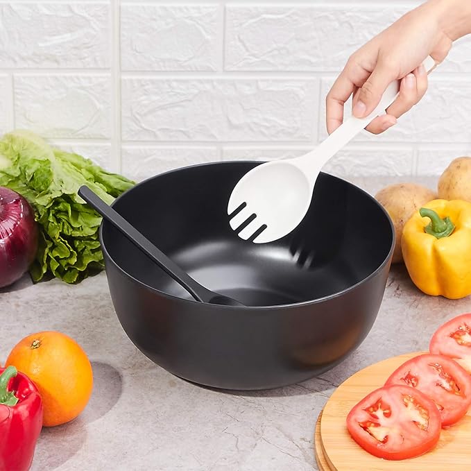 10" Large Salad Serving Bowl with Utensils in Lid, Bamboo Fiber Salad Bowl with Lid, Mixing Bowl with Servers set for Pasta,Fruit,Veggies,Popcorn to Replace Wooden Bowls - Matte Black