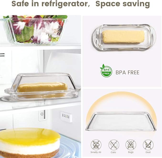 Glass Butter Dish Butter Keeper and Butter Holder for Fridge Butter Dish with Lid for Countertop Vintage Container for Counter Butter Tray with cover (Clear-7)