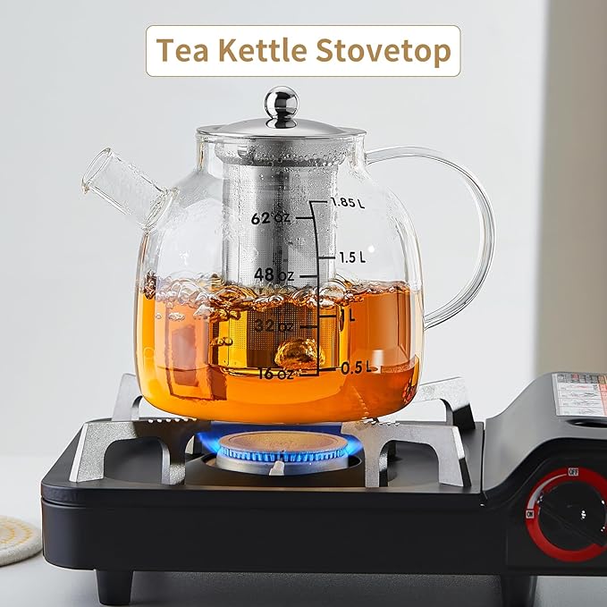 68OZ Glass Teapot Tea Pot With Infuser, Glass Kettle For Stove Top, Tea Glass Pot, 2000ML Glass Tea Cup With Infuser And Lid For Loose Leaf Tea Steeper, Dishwasher Safe