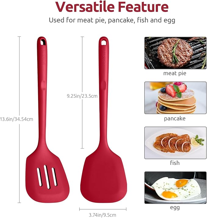 600ºF Heat Resistant Silicone Turner: U-Taste 13.6in Long Solid & Slotted Thick Kitchen Spatula Flipper, Large Flexible Cooking Utensil for Flipping Egg, Pancake in Nonstick Cookware (Rose Red, 2PCS)