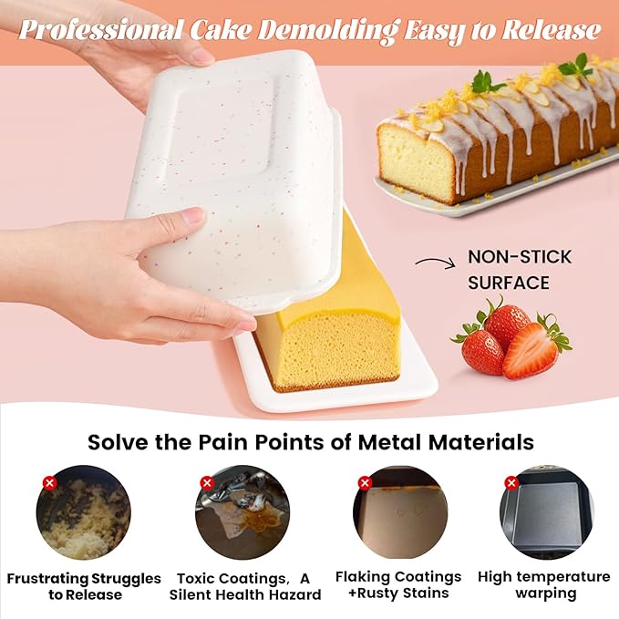 SJ Silicone Bread Loaf Pan with Metal Reinforced Frame, 9.5 x 5 in Non-stick Silicone 1 lb Loaf Pan for Baking, 2 Pack Durable Bread Pan for Oven Dishwasher Safe - Cream