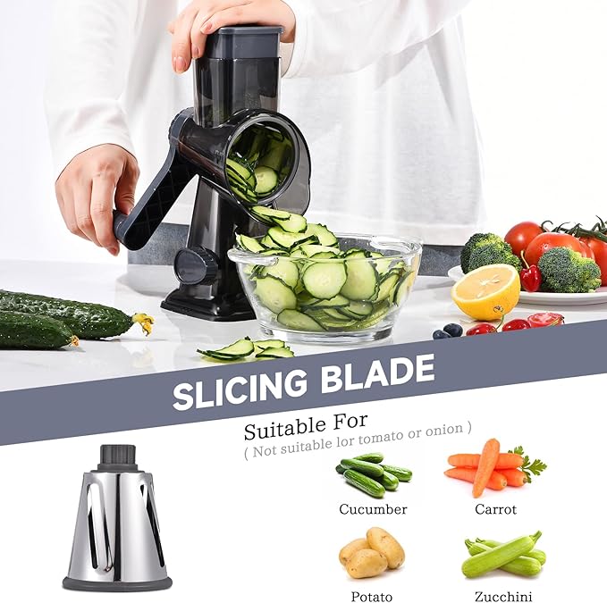 Rotary Cheese Grater Hand Crank Cheese Shredder Vegetable Mandoline Slicer for Kitchen 3 in 1 Changeable Blades for Cheese Potato Nuts Chocolate Ice （Grey TSP)