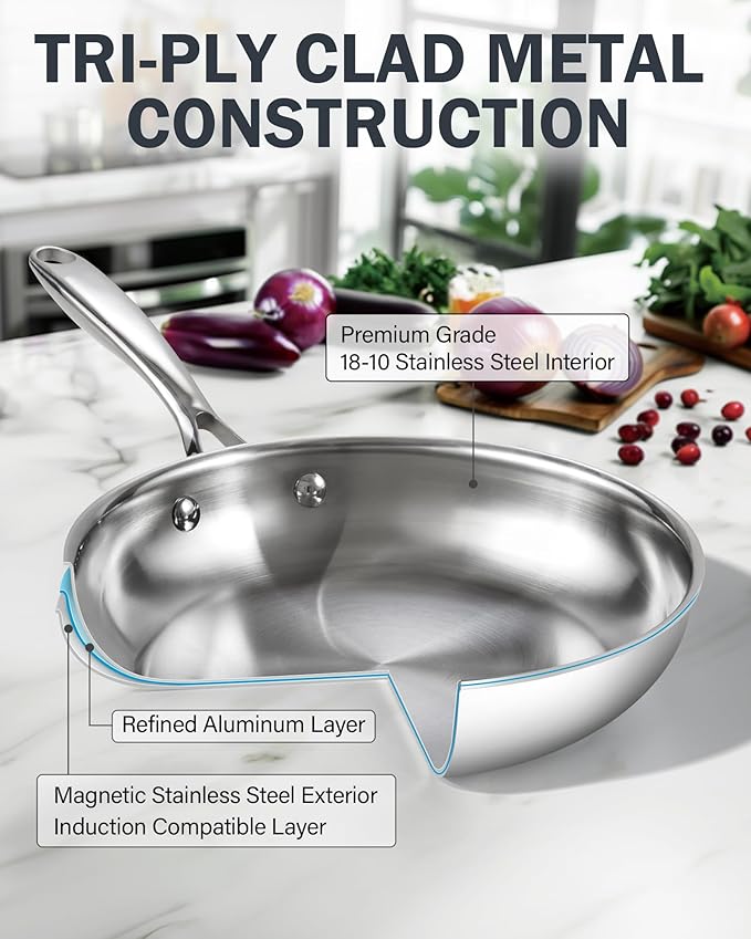 Cooks Standard Frying Pan Stainless Steel, 10-Inch Multi-Ply Clad wok Stir Fry Pan Kitchen Skillet, Silver