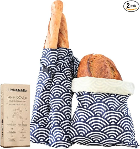 2 XL Beeswax Bread Bags for Homemade Sourdough, Produce, Sandwiches & Lunchbox Use - Reusable Bread Storage Bags, Washable (2-Pack)
