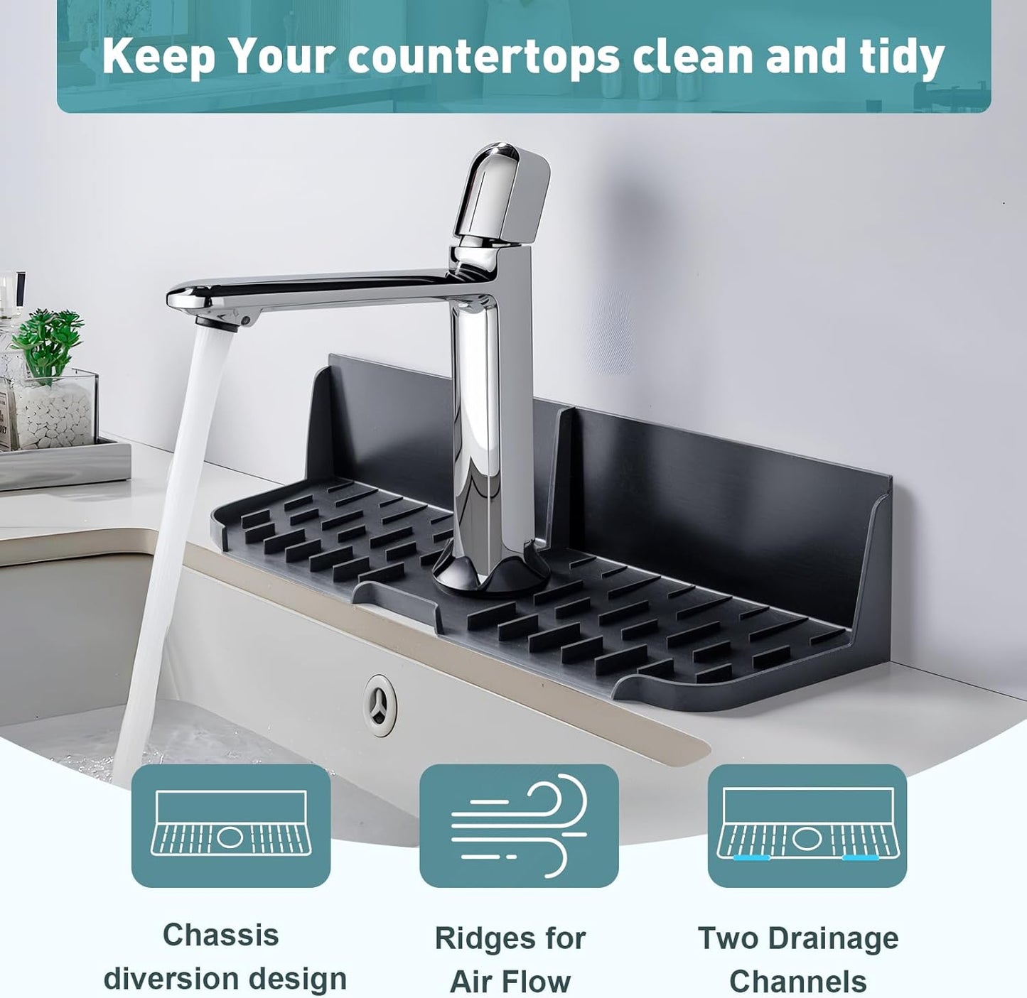 Silicone Kitchen Sink auto Drain Organizer, Kitchen countertop and Sink Splash Guard.Kitchen Sponge Rack and organizing Shelf，Suitable for Cleaning Tools, dispensers, Bottles, Cups (Gray)