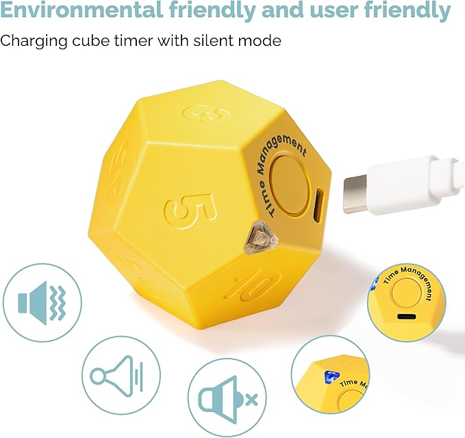 KADAMS Pomodoro Cube Timer Productivity-11 Preset Countdowns, Flip-to-Start Gravity Activation - Sound Vibrate Mute Rechargeable - Ideal for ADHD Kid Kitchen Classroom Cook Study Exercise - Yellow