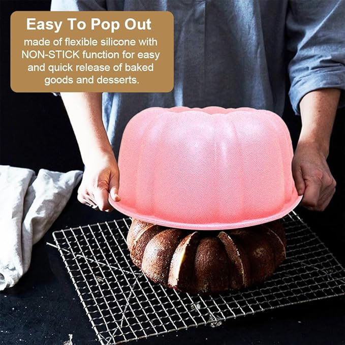 10 inch Silicone Bundt Cake Pan, Non-Stick Silicone Fluted Pans, ome Baking DIY Cake Mold for Cake, Jelly, Bread, Chocolate, Para Gelatinas (Red) (Pink, 1 Pack)