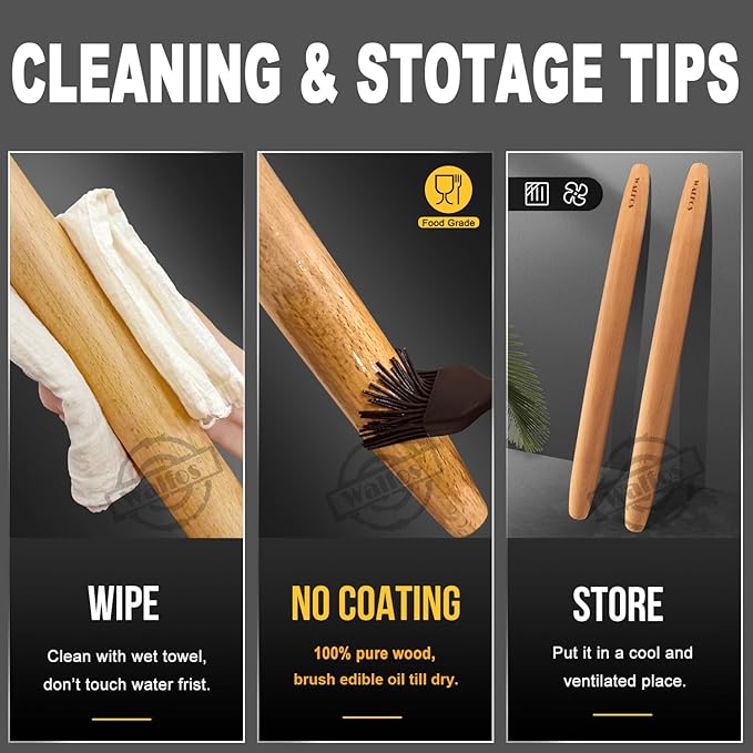 WALFOS French Rolling Pin for Baking, 17 Inch Natural Beech Wood Rolling Pins, Kitchen Dough Roller for Fondant, Pizza, Pie, Cookie and Pastry