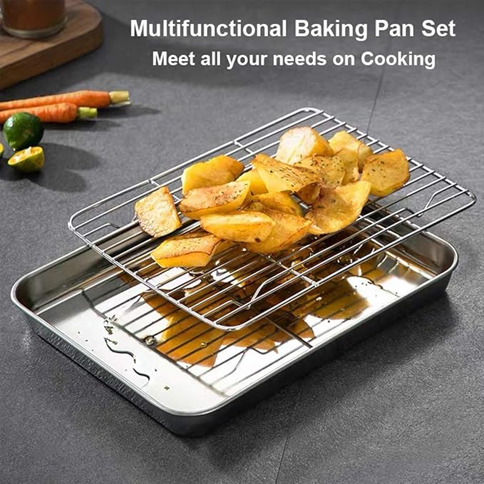 Wildone Baking Sheet with Rack Set [2 Sheets + 2 Racks], Stainless Steel Cookie Pan baking Tray with Cooling Rack, Size 10 x 8 x 1 Inch, Non Toxic & Heavy Duty & Easy Clean