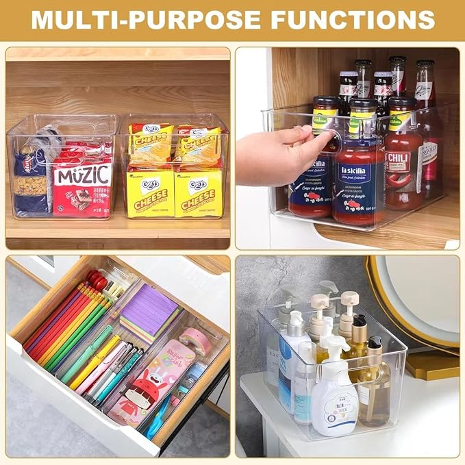 Set of 8 Clear Plastic Storage Bins, Pantry Organization and Storage, Transparent, Plastic, 4 Small + 4 Large