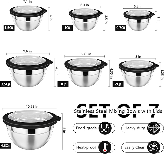 P&P CHEF Mixing Bowl with Lid Set of 7, Stainless Steel Nesting Salad Bowls for Cooking Serving Prepping, Clear Lids & Stackable Design, Size 4.6, 3.5, 3, 2, 1.5, 1, 0.7 Qt - Black