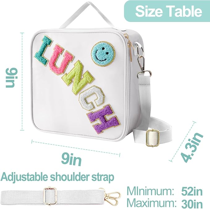 Insulated Lunch Bag With Adjustable Shoulder Strap, Nylon Preppy Lunch Box Large Insulated Lunch Bag Reusable Lunch Tote Bag with Smiley Preppy LunchBag for Girls School Travel Picnic (White)