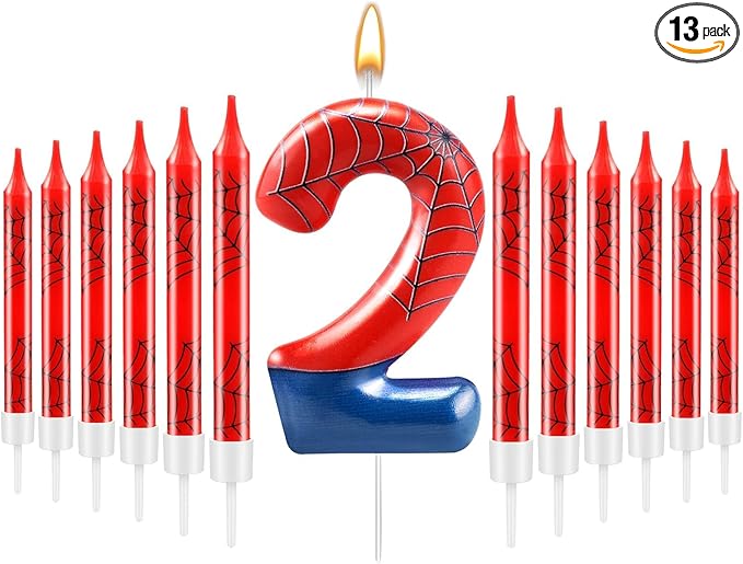 13 Pcs Spider Themed Birthday Candle Set Red Spider Theme Number 2 Candle Cake Topper for Boys Girls Birthday Decoration Spider Party Decoration Supplies (Number 2)