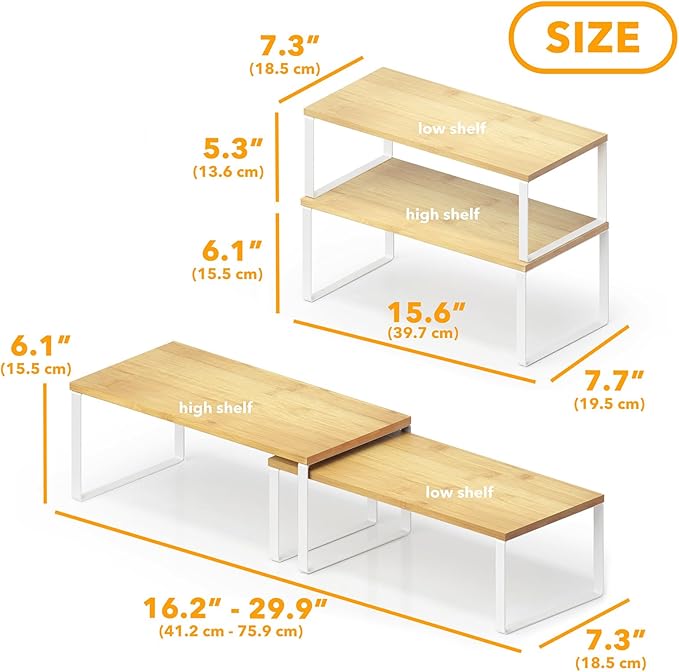 SpaceAid Cabinet Shelf Organizers 2 Pack, Kitchen Counter Rack Shelves Riser, Stackable Expandable Spice Rack, Pantry Cupboard Storage Organization (White and Natural, Long)