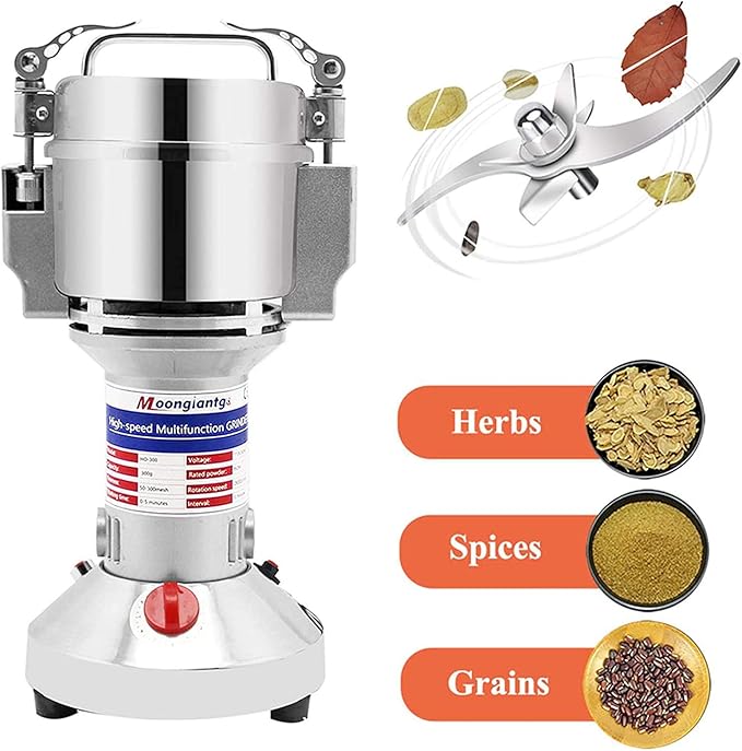Moongiantgo Grain Mill Grinder Electric 300g Commercial Spice Grinder 1500W Stainless Steel Pulverizer Dry Grinding Machine for Wheat Corn Rice Pepper Herbs Coffee Beans (300g Upright, 110V)