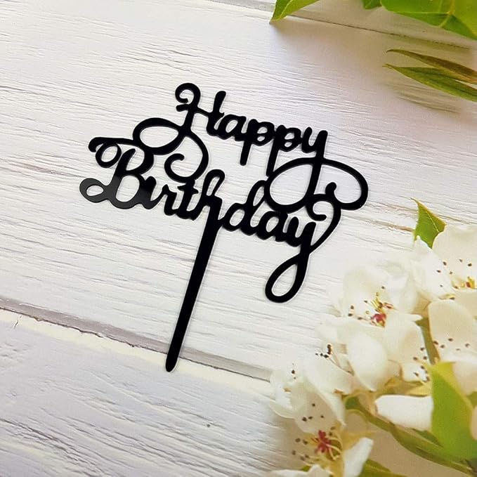 Happy Birthday Cake Topper for Birthday Party Decorations - Black Acrylic