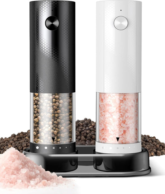 Electric Salt and Pepper Grinder Set - Rechargeable Automatic Salt and Pepper Shakers, Kitchen Appliances with External Adjustable Coarseness, Larger Hopper for Cooking, Home Gifts(2 Pack,Black/White)