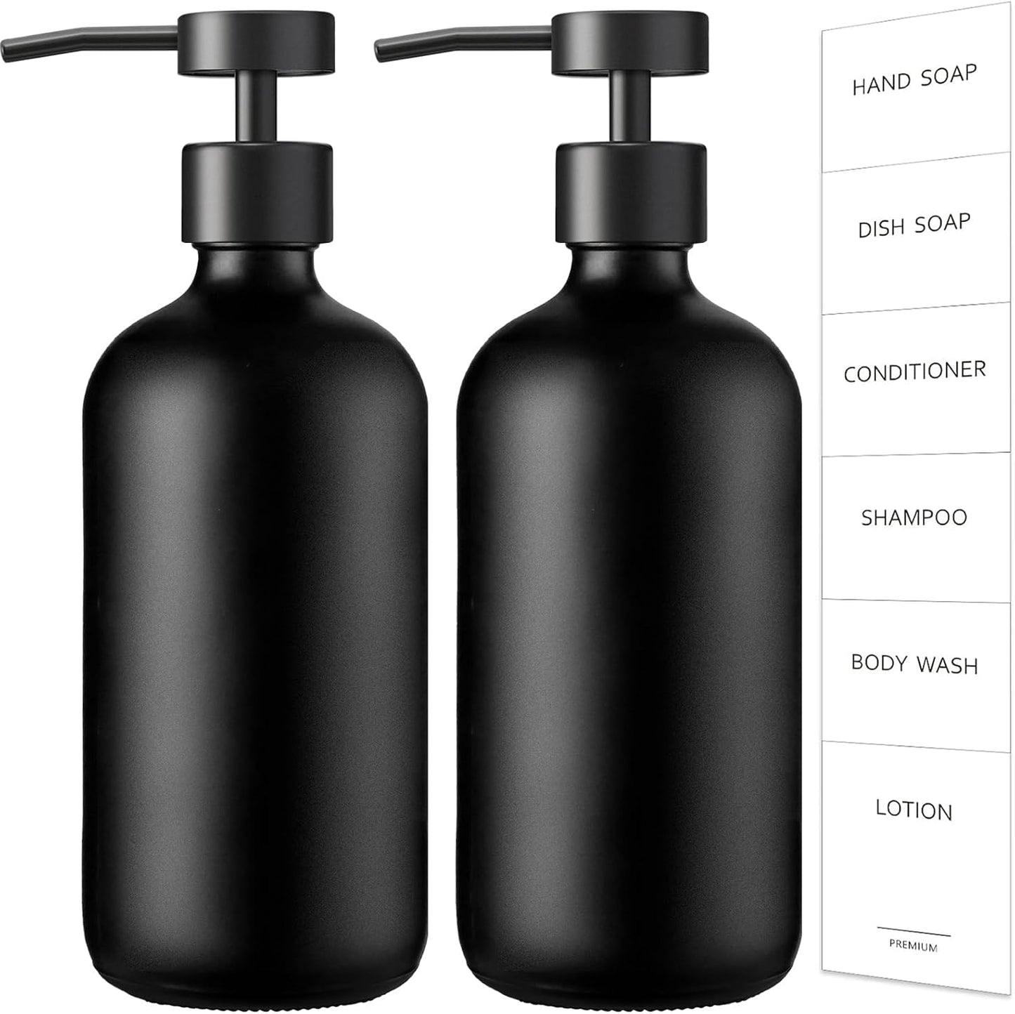 GMISUN Black Soap Dispenser, 2 Pack Matte Black Hand Soap Dispensers for Bathroom, 17 Fl Oz Glass Dish Soap Dispenser for Kitchen with Stainless Steel Pump, Modern Liquid Soap Bottle Set
