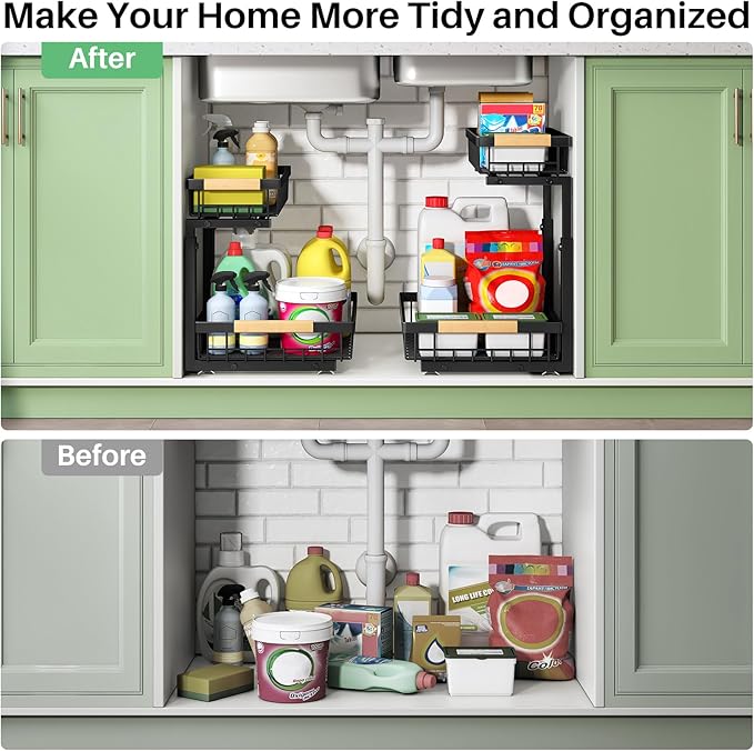 Under Sink Organizer, 2 Packs 2 Tier Under Sink Organizers and Storage, Slide Out Pull Out Cabinet Organizer Shelf, Metal Sliding Drawer for Kitchen Bathroom Pantry Cabinet Closet Organization Rack