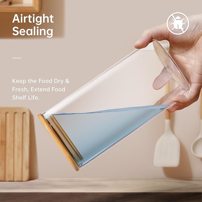 Extra Large Square Glass Flour & Sugar Storage Containers with Airtight Lids, 168 floz - 2 Pack Glass Jars with Bamboo Lids for Pantry, Air tight Food Storage Containers for Cereal, Pasta, Rice