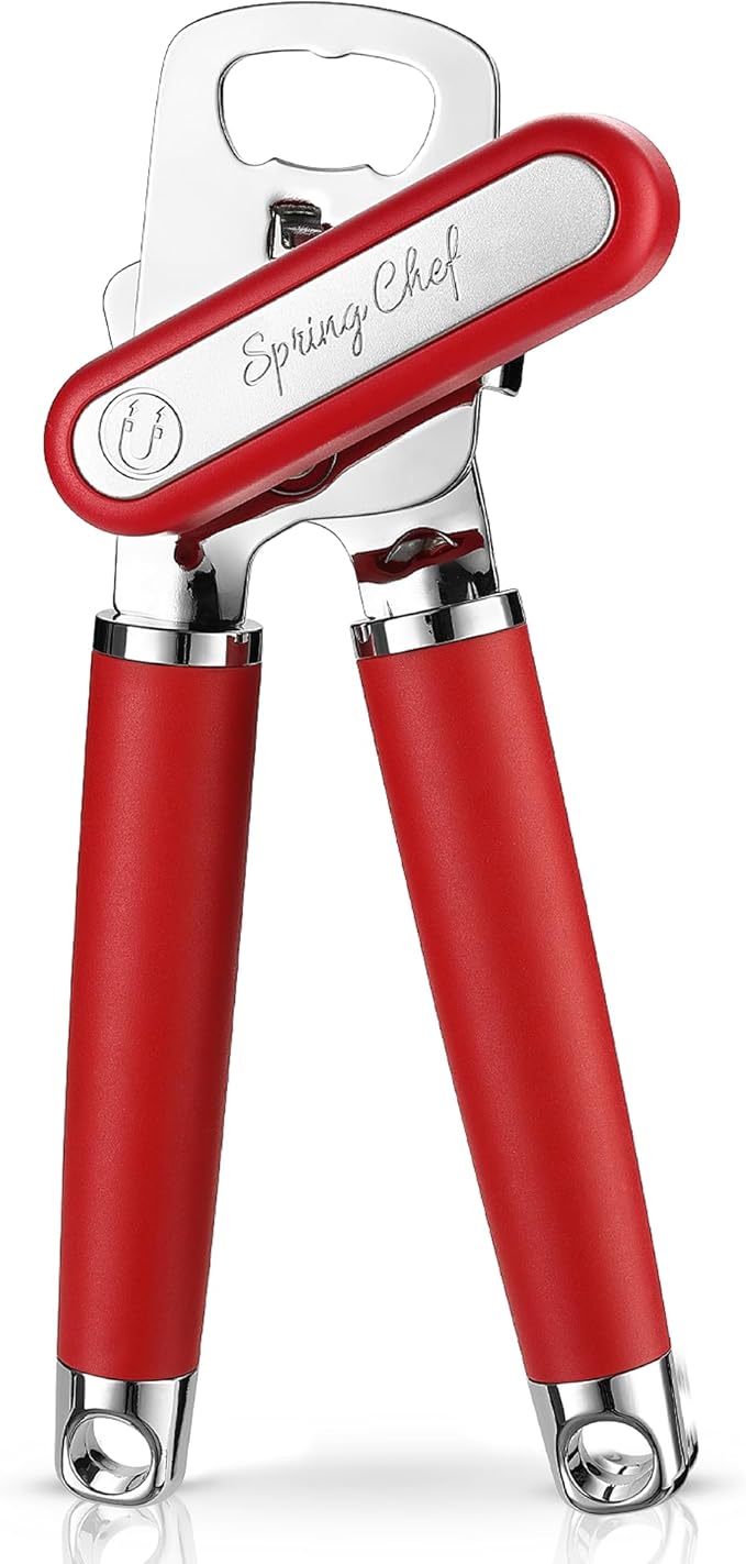 Spring Chef Stainless Steel Can Opener - Manual with Soft Grip Handles, Easy Turn, Heavy Duty Hand Can Opener for Seniors with Smooth Edge - Red