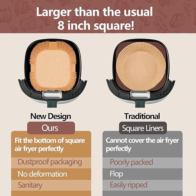 UBeesize 9 Inch Air Fryer Paper Liners, 400 PCS Parchment Paper, Air Fryer Disposable Paper Liners for Microwave, Non-Stick Sheets Square Free of Bleach（Bottom size 8 Inch）