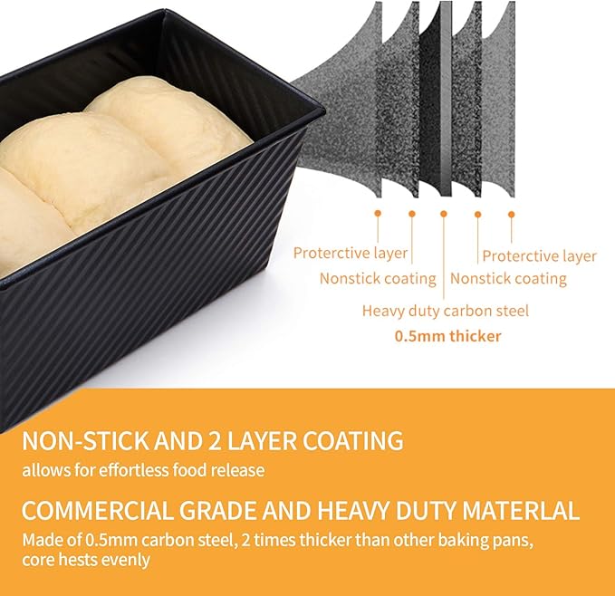 CHEFMADE Pullman Loaf Pan with Lid 2 Pcs, 1Lb Dough Capacity Non-Stick Rectangle Corrugated Bread Pan, Carbon Steel Toast Pan with Cover for Baking Bread - Black