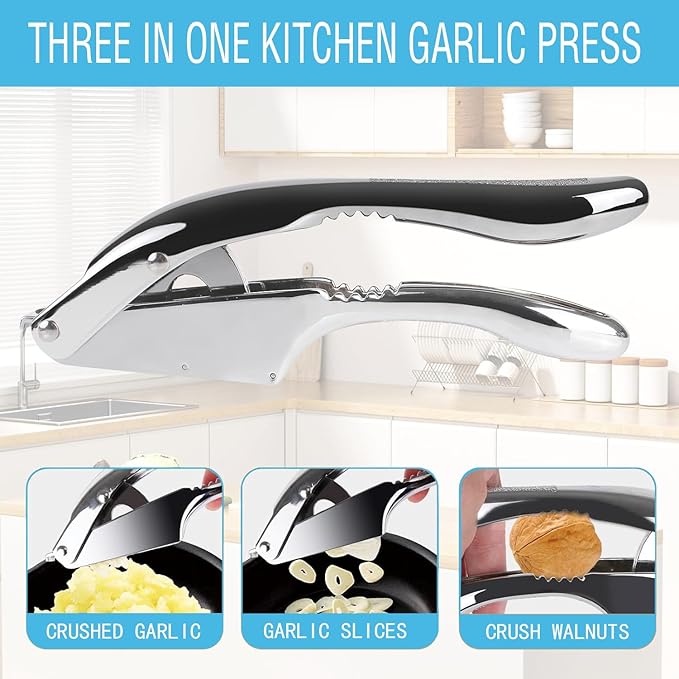 Garlic Press and Slicer 2 in 1, Rust Proof & Dishwasher Safe Professional Garlic Mincer Tool, Effortlessly Crush and Mince Garlic with this Ergonomic Handle-Garlic Peeler & Brush ANCQMI(Silver)