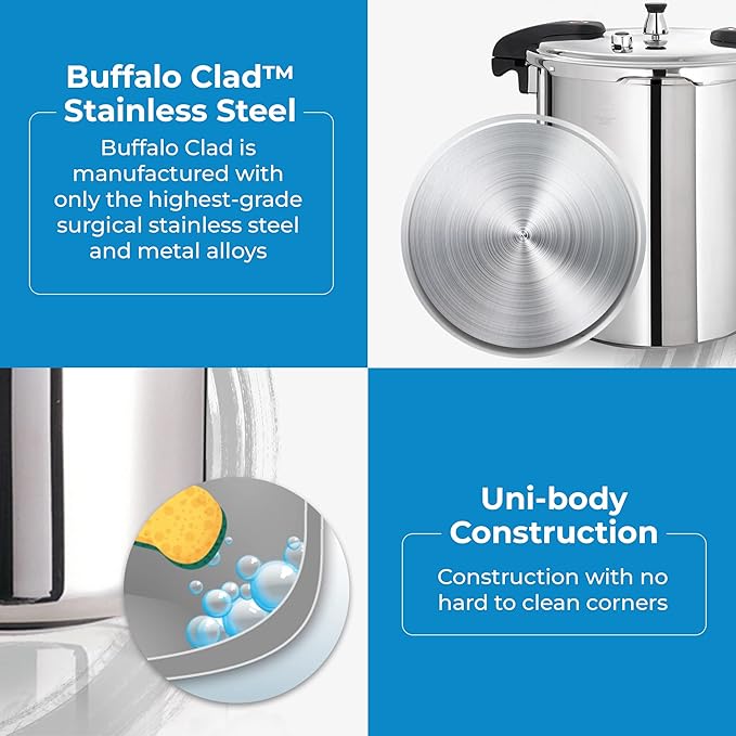Buffalo Pressure Cooker 21 Qt Stainless Steel - Large Canning Pot with Lid for Home, Commercial Use - Easy to Clean Any Stove Top Pressure Canner, Can Cooker - SG Certificate QCP420