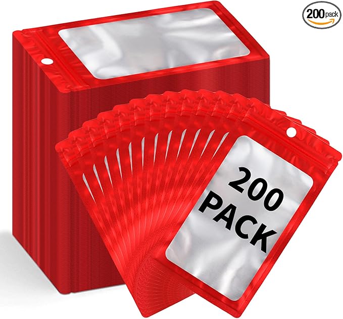 200 Pack Resealable Mylar Holographic Bags Food Storage Smell Proof Bags with Front Window Foil Packaging Pouch for Candy Sample Jewelry Small Business 3.15×5.51 Inch, Red