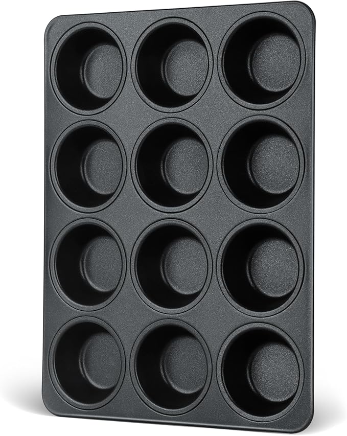 E-far Nonstick Muffin Pans 12 Cups, Stainless Steel Muffin Tin Cupcake Pan Tray for Baking, Stainless Steel Core & Non Toxic, Easy Release & Easy Clean, Black