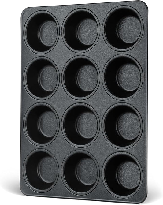 E-far Nonstick Muffin Pans 12 Cups, Stainless Steel Muffin Tin Cupcake Pan Tray for Baking, Stainless Steel Core & Non Toxic, Easy Release & Easy Clean, Black
