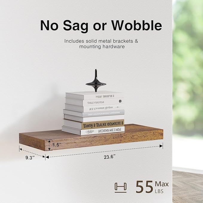 Colima 3-Pack Contemporary Wood Floating Shelves, 24 Inch, Wall-Mounted, 1.3 Inch Thick, 50 lb Capacity Each, Set of 3