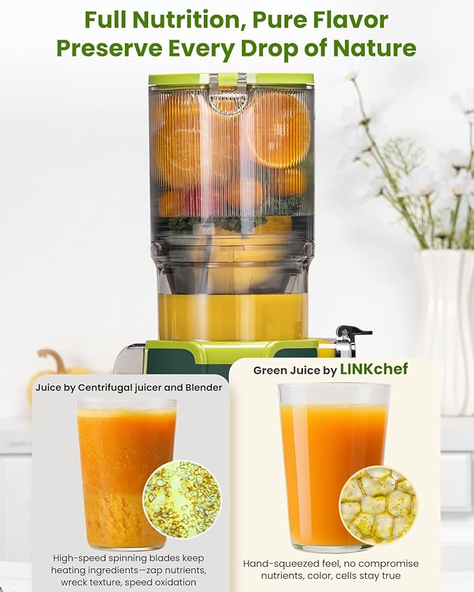 LINKChef Cold Press Juicer Machines for Vegetables and Fruits, 4.35" Wide Chute Masticating Juicer with Pulp Separator, Easy to Clean, BPA-Free, Compact Electric Slow Juice Extractor for Whole Fruit