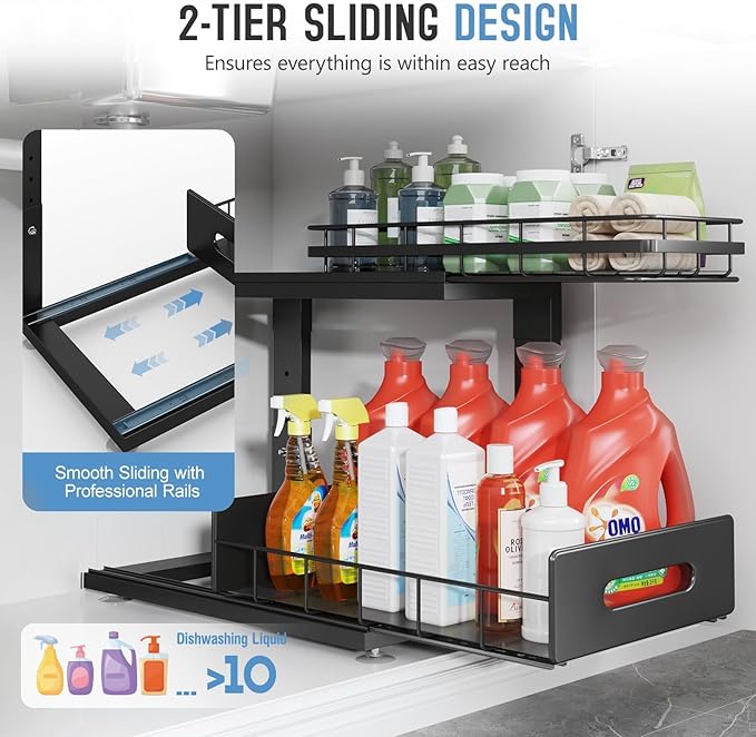 2 Pack Under Sink Organizer Upgrade To Professional Rails,2-Tier Dual Pull Out Cabinet Storage,Height Adjustable Slide Out Drawers For Bathroom Kitchen,Under Sink Shelf (Patent Registered)