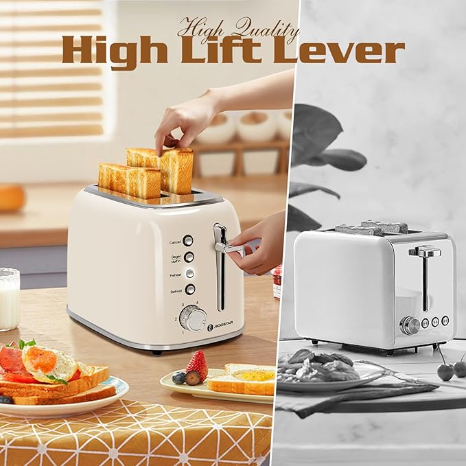 Aigostar Toaster 2 Slice, Retro Extra-Wide Slot Toasters Best Rated Prime for Toasting Bagels, Breads, Waffles & More, Cancel, Defrost & 6 Browning, Removable Crumb Tray, Stainless Steel, Cream White
